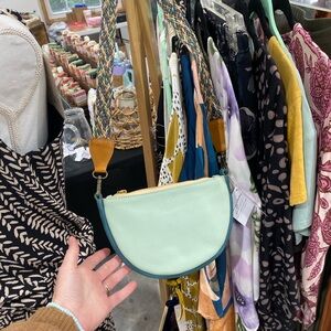 Pebbled Mint & oiled high seas custom medium crescent bag with Meander strap